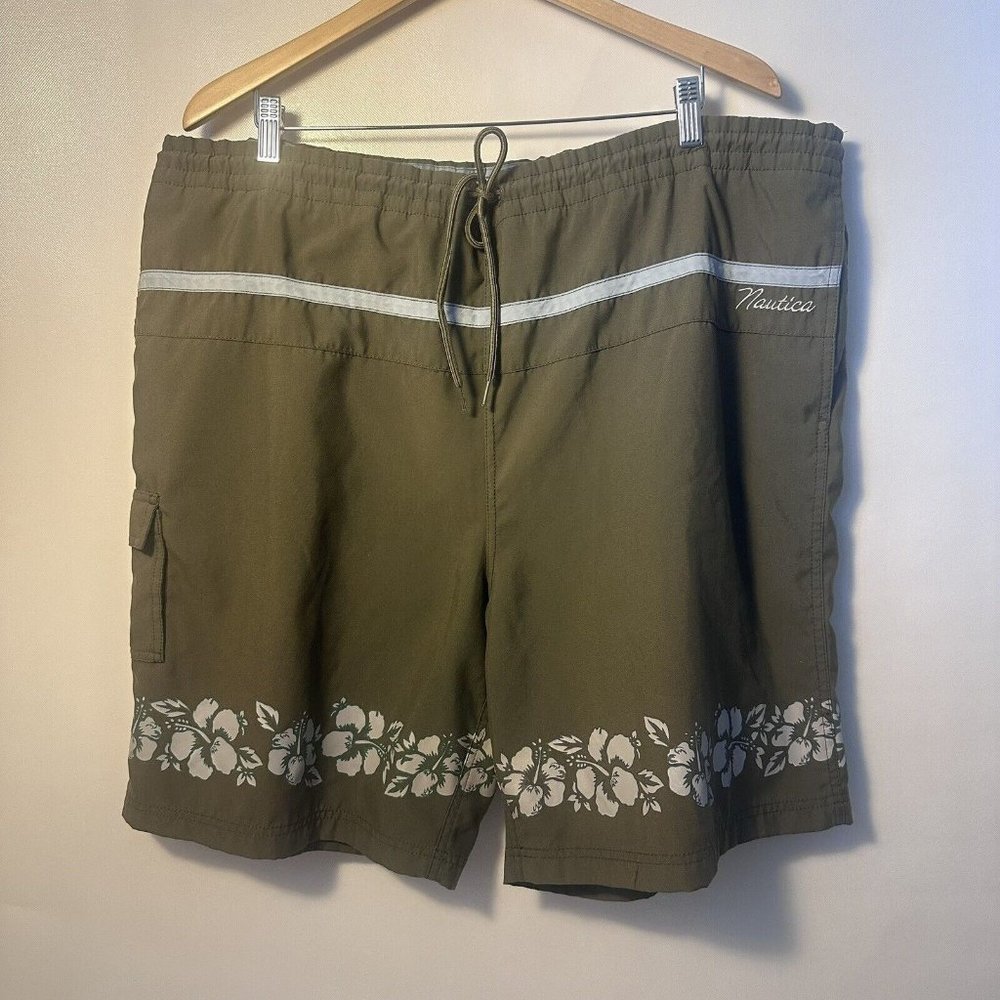 Nautica Shorts Mens XXL Green Board Shorts Tropical Beach Casual Swim Trunks